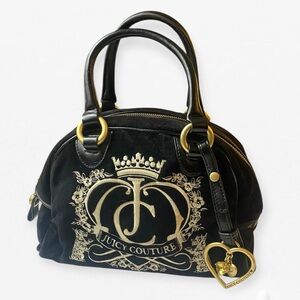 Juicy Couture Black & Gold Small Velour Satchel Handbag embroidered + bag charm